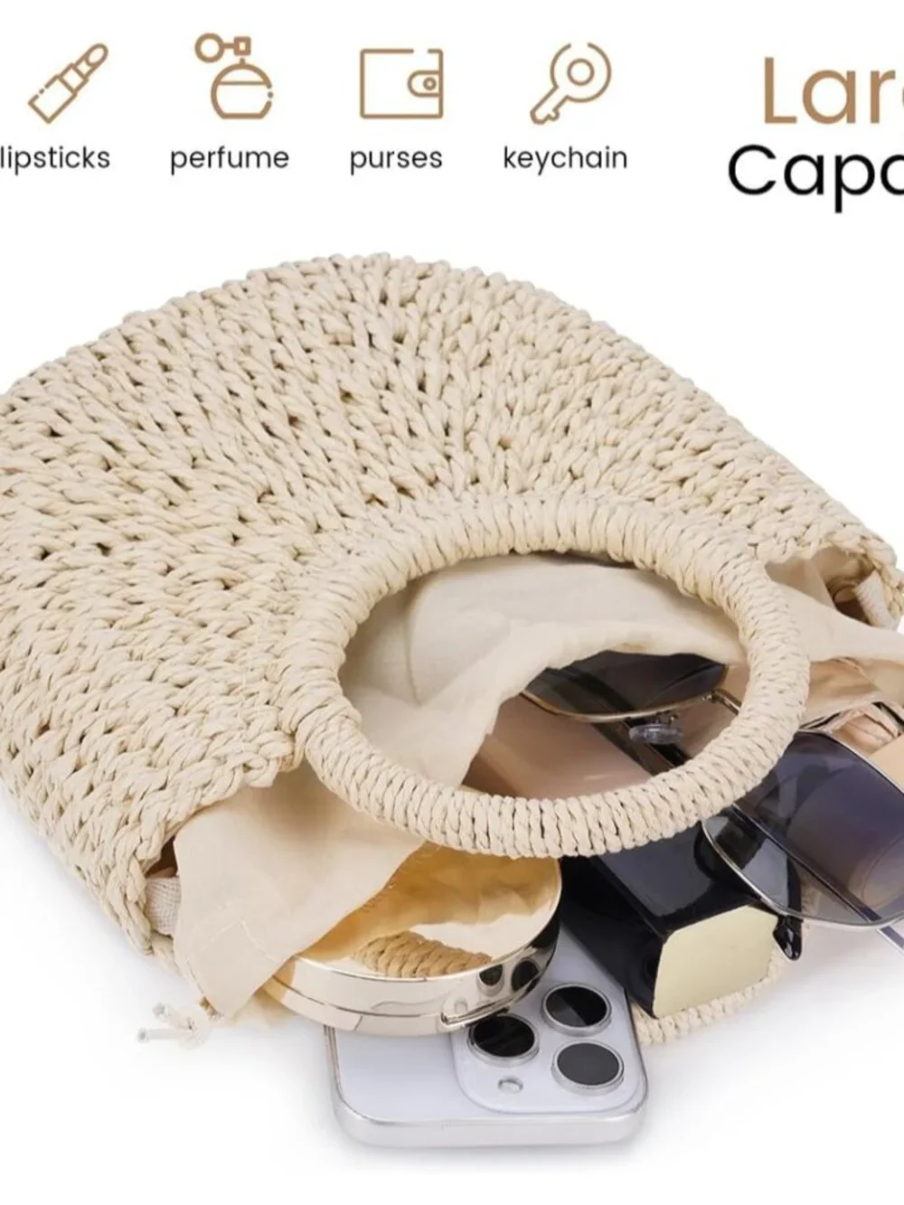 Straw Crochet Hobo Bag for Women, Handmade Purse with Top Handle Woven Half Moon_5